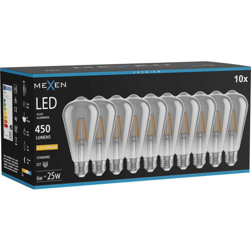 Mexen Vintis 10x LED filament žarnica E27, ST64, 6W, Topla - 2200K, 450 lm, smoke - L152-E27-0622-70x10