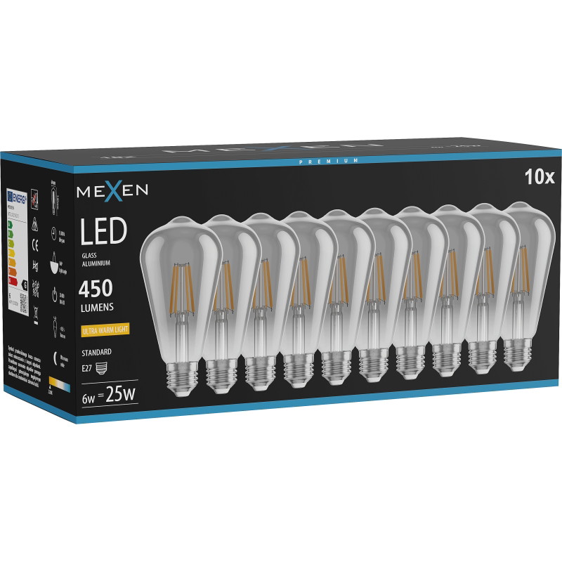 Mexen Vintis 10x LED filamentlamp E27, ST64, 6W, Warm - 2200K, 450 lm, rook - L152-E27-0622-70x10
