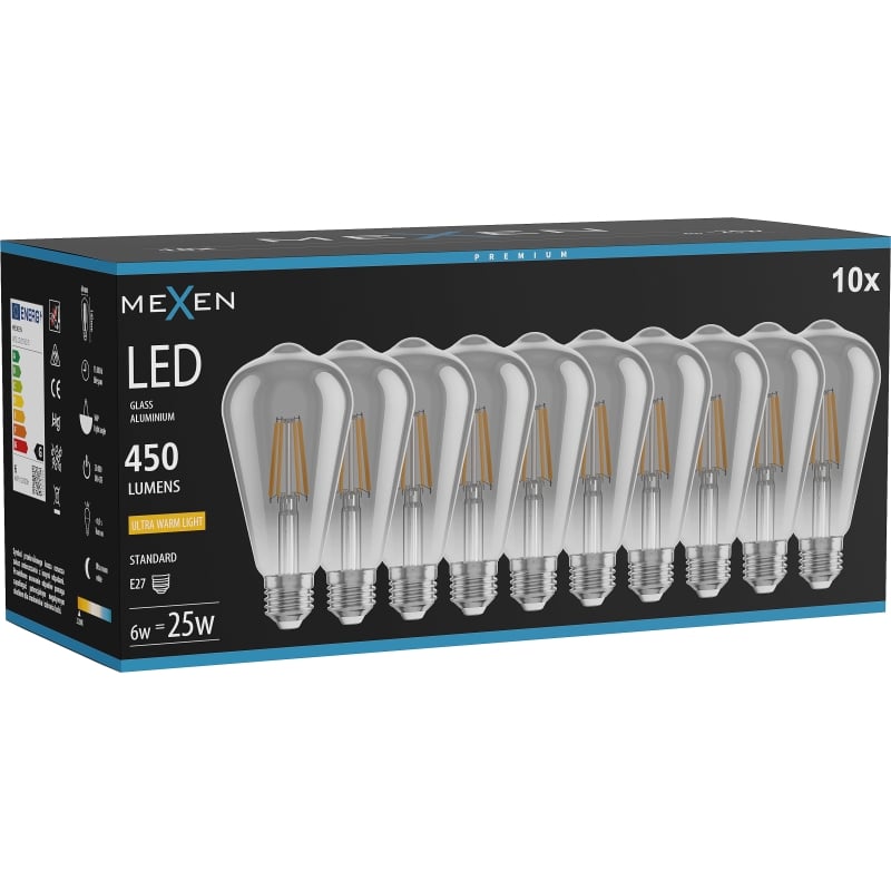 Mexen Vintis 10x żarówka filament LED E27, ST64, 6W, Ciepła - 2200K, 450 lm, smoke - L152-E27-0622-70x10