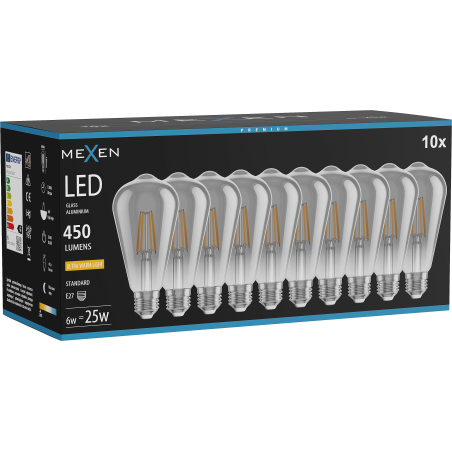 Mexen Vintis 10x Lampadina a filamento LED E27, ST64, 6W, Calda - 2200K, 450 lm, smoke - L152-E27-0622-70x10