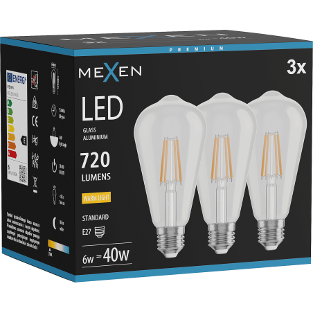 Mexen Vintis 3x żarówka filament LED E27, ST64, 6W, Ciepła - 2700K, 720 lm, clear - L152-E27-0627-00x03