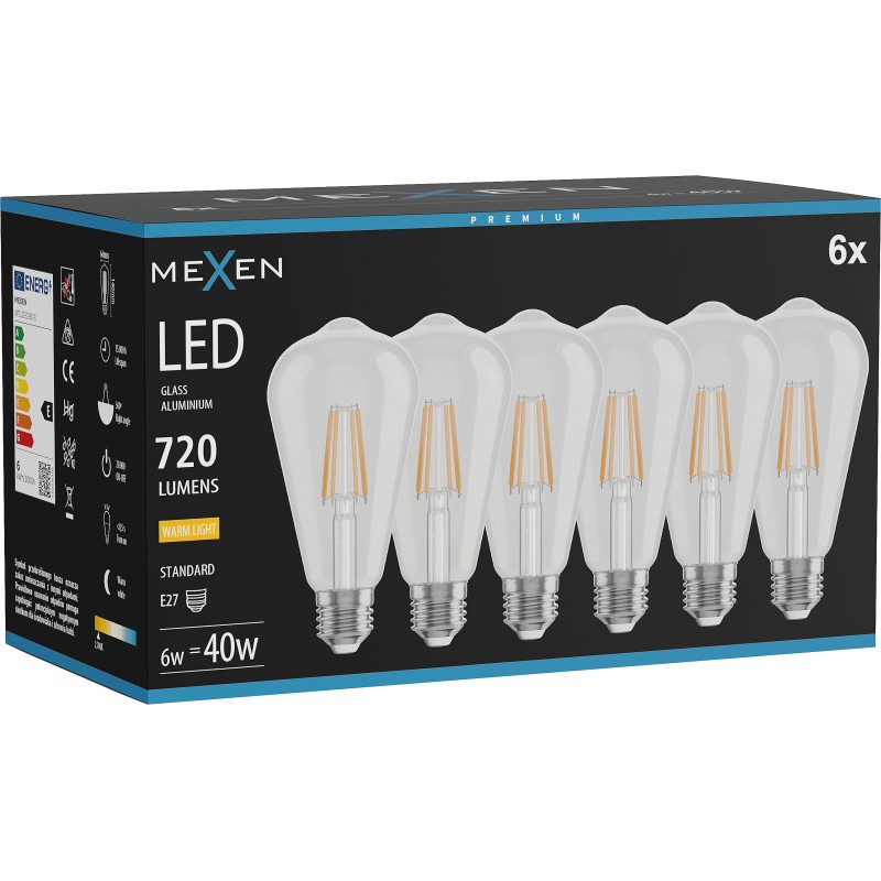 Mexen Vintis 6x Bombilla LED de filamento E27, ST64, 6W, Cálida - 2700K, 720 lm, transparente - L152-E27-0627-00x06
