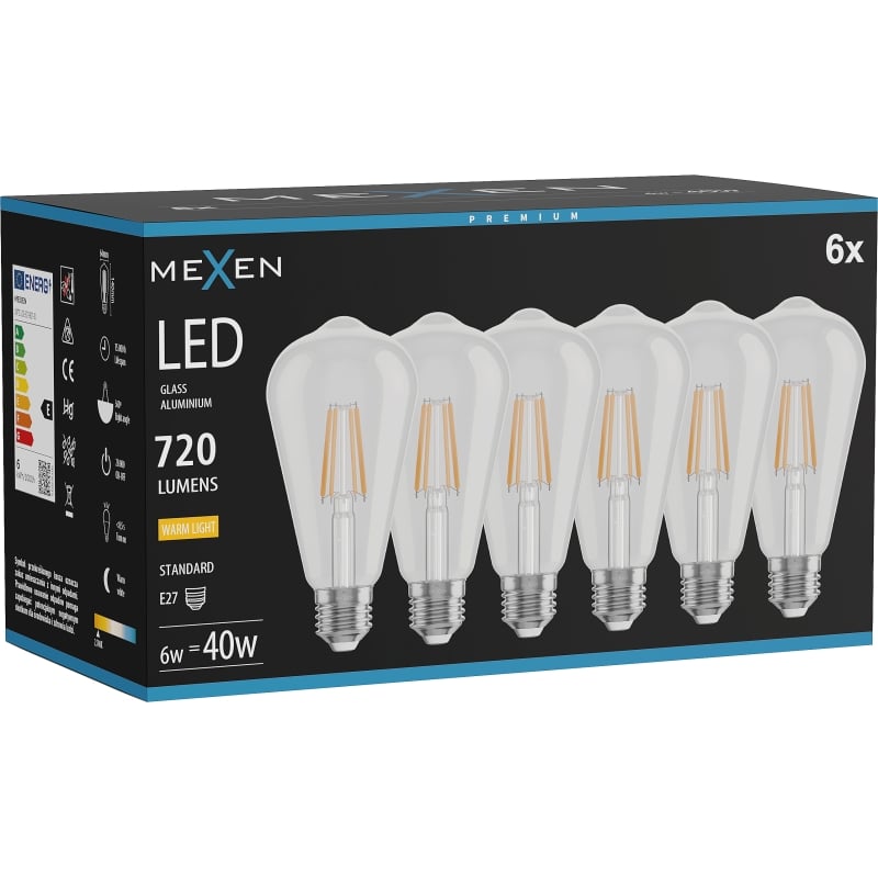 Mexen Vintis 6x LED filamentlampa E27, ST64, 6W, Varm - 2700K, 720 lm, klar - L152-E27-0627-00x06