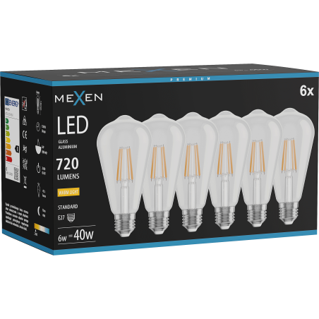 Mexen Vintis 6x Λαμπτήρας νήματος LED E27, ST64, 6W, Θερμό - 2700K, 720 lm, καθαρό