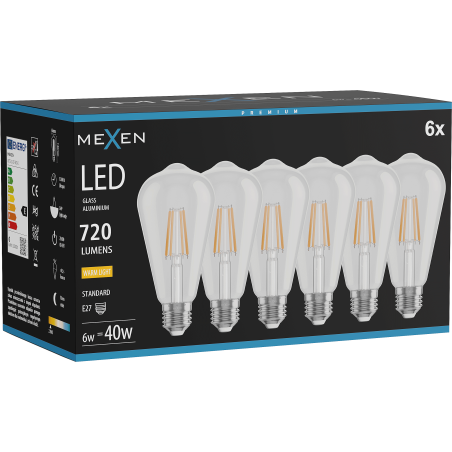 Mexen Vintis 6x LED-Filament-Lampe E27, ST64, 6W, Warm - 2700K, 720 lm, klar - L152-E27-0627-00x06