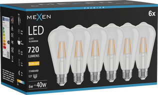 Mexen Vintis 6x Fiilament LED-lamp E27, ST64, 6W, Soe - 2700K, 720 lm, läbipaistev - L152-E27-0627-00x06