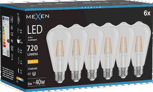 Mexen Vintis 6x LED kvēldiega spuldze E27, ST64, 6W, Silta - 2700K, 720 lm, skaidra - L152-E27-0627-00x06