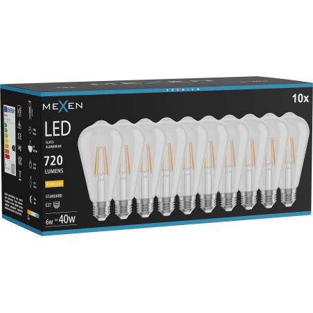 Mexen Vintis 10x Lampadina a filamento LED E27, ST64, 6W, Calda - 2700K, 720 lm, chiara - L152-E27-0627-00x10