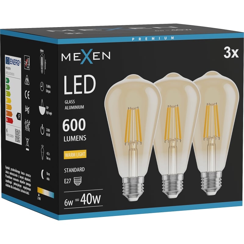 Mexen Vintis 3x lampadina a filamento LED E27, ST64, 6W, Calda - 2700K, 600 lm, ambra - L152-E27-0627-50x03