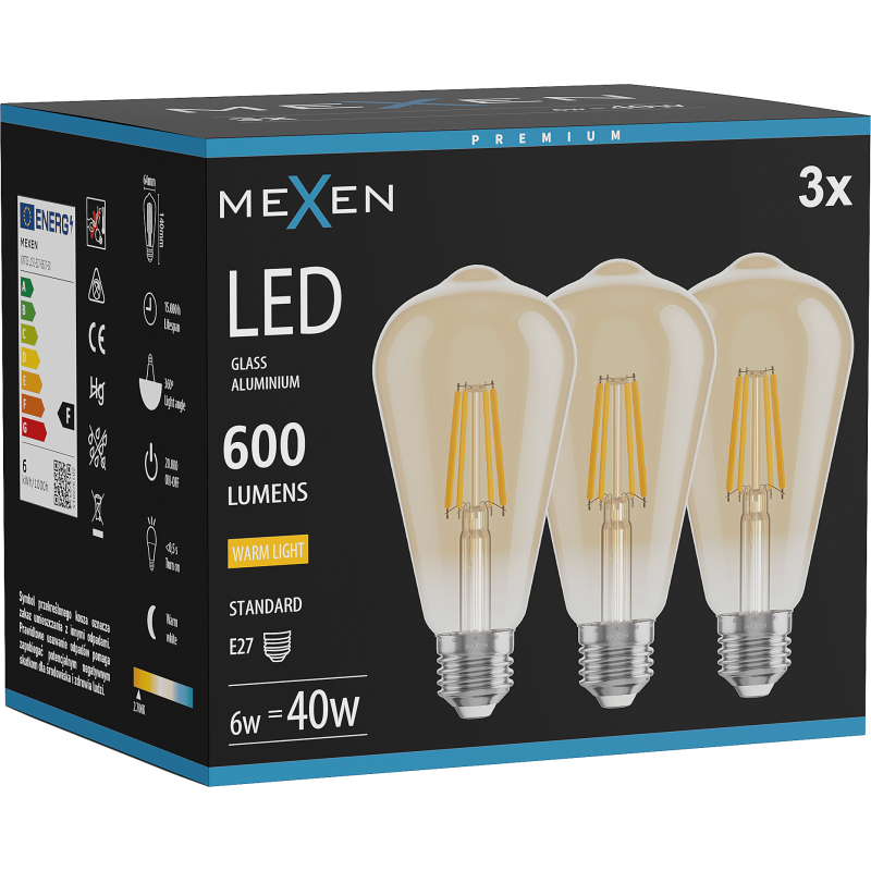 Mexen Vintis 3x żarówka filament LED E27, ST64, 6W, Ciepła - 2700K, 600 lm, amber - L152-E27-0627-50x03