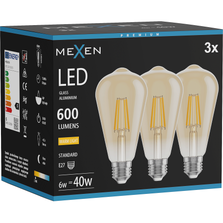 Mexen Vintis 3x LED-Filament-Glühbirne E27, ST64, 6W, Warm - 2700K, 600 lm, bernstein - L152-E27-0627-50x03