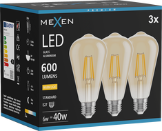 Mexen Vintis 3x Filament LED pirn E27, ST64, 6W, Soe - 2700K, 600 lm, merevaigukollane - L152-E27-0627-50x03