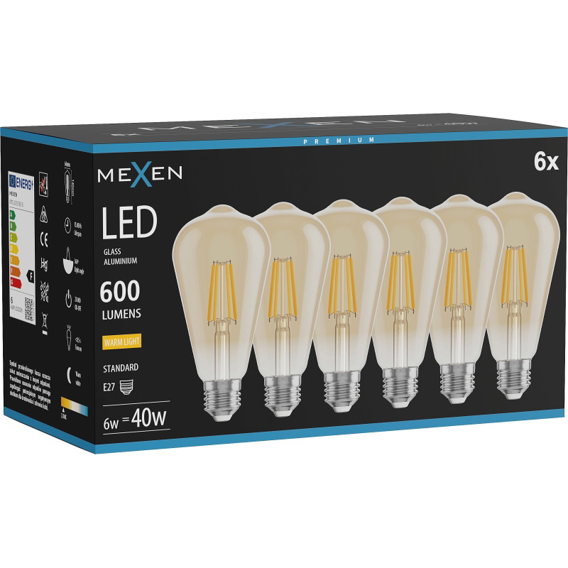 Mexen Vintis 6x LED filament lichtbron E27, ST64, 6W, Warm - 2700K, 600 lm, amber - L152-E27-0627-50x06
