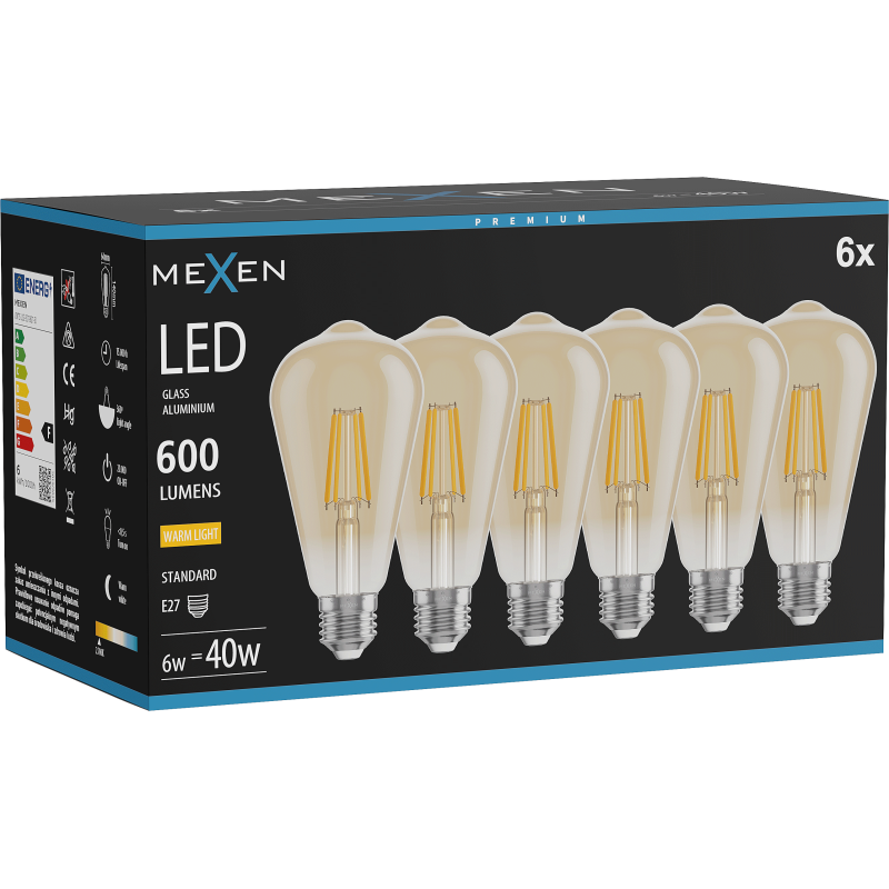 Mexen Vintis 6x LED filamenta spuldze E27, ST64, 6W, Silta - 2700K, 600 lm, dzintars - L152-E27-0627-50x06