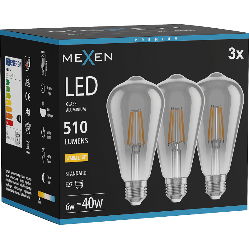 Mexen Vintis 3x Ampoule filament LED E27, ST64, 6W, Chaude - 2700K, 510 lm, fumée - L152-E27-0627-70x03