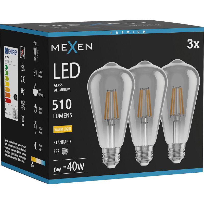 Mexen Vintis 3x LED filamentlamp E27, ST64, 6W, Warm - 2700K, 510 lm, smoke - L152-E27-0627-70x03