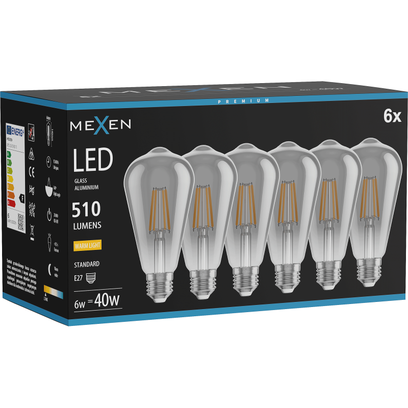 Mexen Vintis 6x Λάμπα Filament LED E27, ST64, 6W, Θερμό - 2700K, 510 lm, smoke - L152-E27-0627-70x06