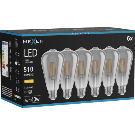 Mexen Vintis 6x LED-Filamentlampe E27, ST64, 6W, Warm - 2700K, 510 lm, Rauch - L152-E27-0627-70x06