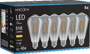 Mexen Vintis 6x żarówka filament LED E27, ST64, 6W, Ciepła - 2700K, 510 lm, smoke - L152-E27-0627-70x06