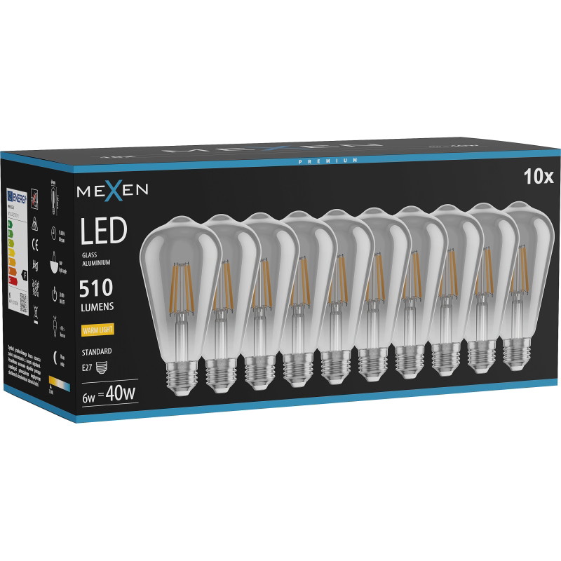 Mexen Vintis 10x żarówka filament LED E27, ST64, 6W, Ciepła - 2700K, 510 lm, smoke - L152-E27-0627-70x10