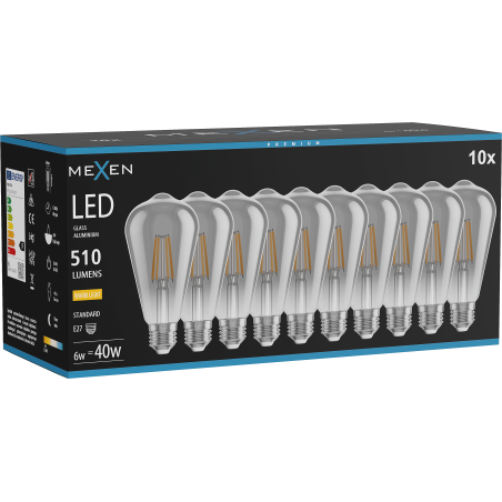 Mexen Vintis 10x Lampadina a filamento LED E27, ST64, 6W, Calda - 2700K, 510 lm, fumo - L152-E27-0627-70x10