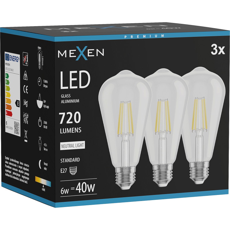 Mexen Vintis 3x Lampadina a filamento LED E27, ST64, 6W, Neutra - 4000K, 720 lm, chiara - L152-E27-0640-00x03