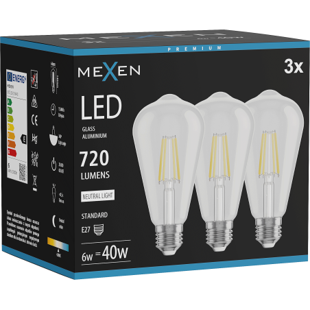 Mexen Vintis 3x LED-filamenttilamppu E27, ST64, 6W, Neutraali - 4000K, 720 lm, kirkas - L152-E27-0640-00x03