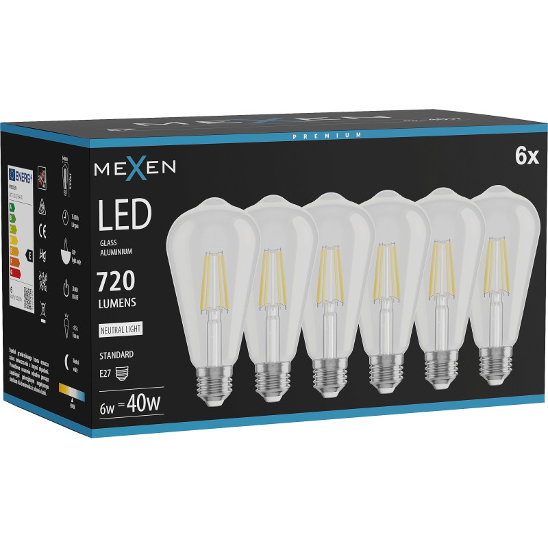 Mexen Vintis 6x LED-filamenttilamppu E27, ST64, 6W, Neutraali - 4000K, 720 lm, kirkas - L152-E27-0640-00x06