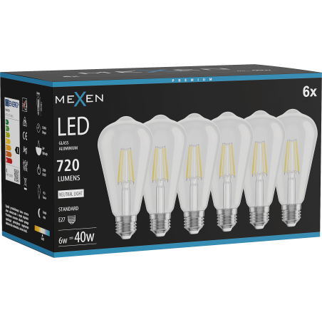 Mexen Vintis 6x LED glödlampa filament E27, ST64, 6W, Neutral - 4000K, 720 lm, klar - L152-E27-0640-00x06