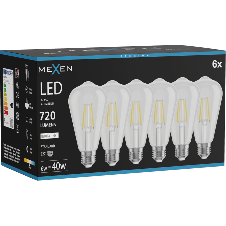 Mexen Vintis 6x LED spuldze ar kvēldiega diegu E27, ST64, 6W, Neitrāla - 4000K, 720 lm, caurspīdīga - L152-E27-0640-00x06