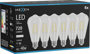 Mexen Vintis 6x LED Edison-pirn E27, ST64, 6W, Neutraalne - 4000K, 720 lm, läbipaistev - L152-E27-0640-00x06