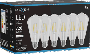 Mexen Vintis 6x żarówka filament LED E27, ST64, 6W, Neutralna - 4000K, 720 lm, clear - L152-E27-0640-00x06