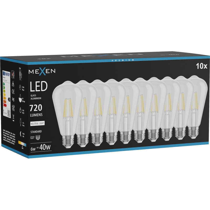 Mexen Vintis 10x Bombilla LED de filamento E27, ST64, 6W, Neutra - 4000K, 720 lm, transparente - L152-E27-0640-00x10