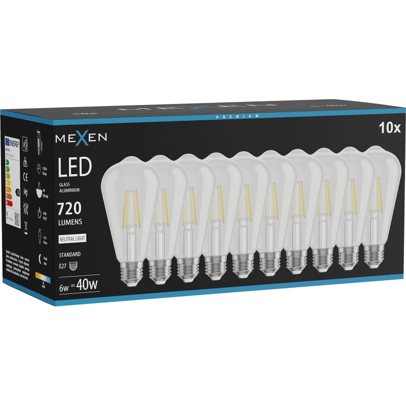 Mexen Vintis 10x lampadina a filamento LED E27, ST64, 6W, Neutro - 4000K, 720 lm, trasparente - L152-E27-0640-00x10