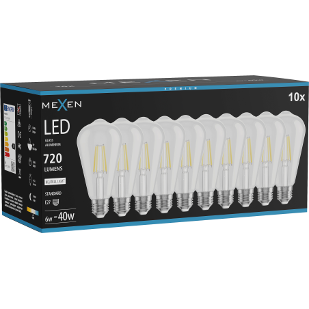 Mexen Vintis 10x LED filamentlampa E27, ST64, 6W, Neutral - 4000K, 720 lm, klar - L152-E27-0640-00x10