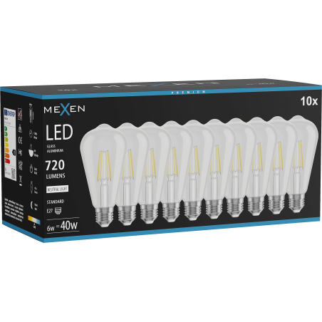 Mexen Vintis 10x LED kvēldiega spuldze E27, ST64, 6W, Neitrāls - 4000K, 720 lm, skaidrs - L152-E27-0640-00x10
