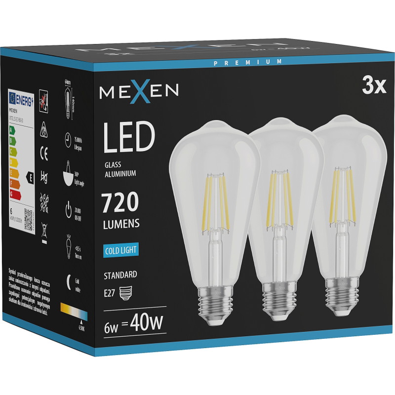 Mexen Vintis 3x LED-filamentlampa E27, ST64, 6W, Kall - 6500K, 720 lm, klar - L152-E27-0665-00x03