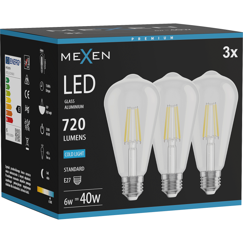 Mexen Vintis 3x Žarnica filament LED E27, ST64, 6W, Hladna - 6500K, 720 lm, prozorna - L152-E27-0665-00x03