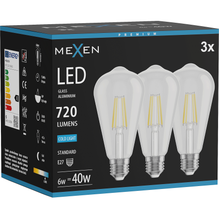 Mexen Vintis 3x LED-filamentlampa E27, ST64, 6W, Kall - 6500K, 720 lm, klar - L152-E27-0665-00x03