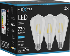 Mexen Vintis 3x LED-filament-pirn E27, ST64, 6W, Külm - 6500K, 720 lm, läbipaistev - L152-E27-0665-00x03