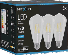 Mexen Vintis 3x LED kvēldiega spuldze E27, ST64, 6W, Auksta - 6500K, 720 lm, caurspīdīga - L152-E27-0665-00x03