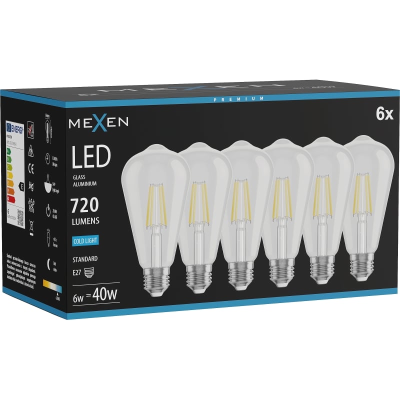 Mexen Vintis 6x LED-Filament-Glühbirne E27, ST64, 6W, Kalt - 6500K, 720 lm, klar - L152-E27-0665-00x06