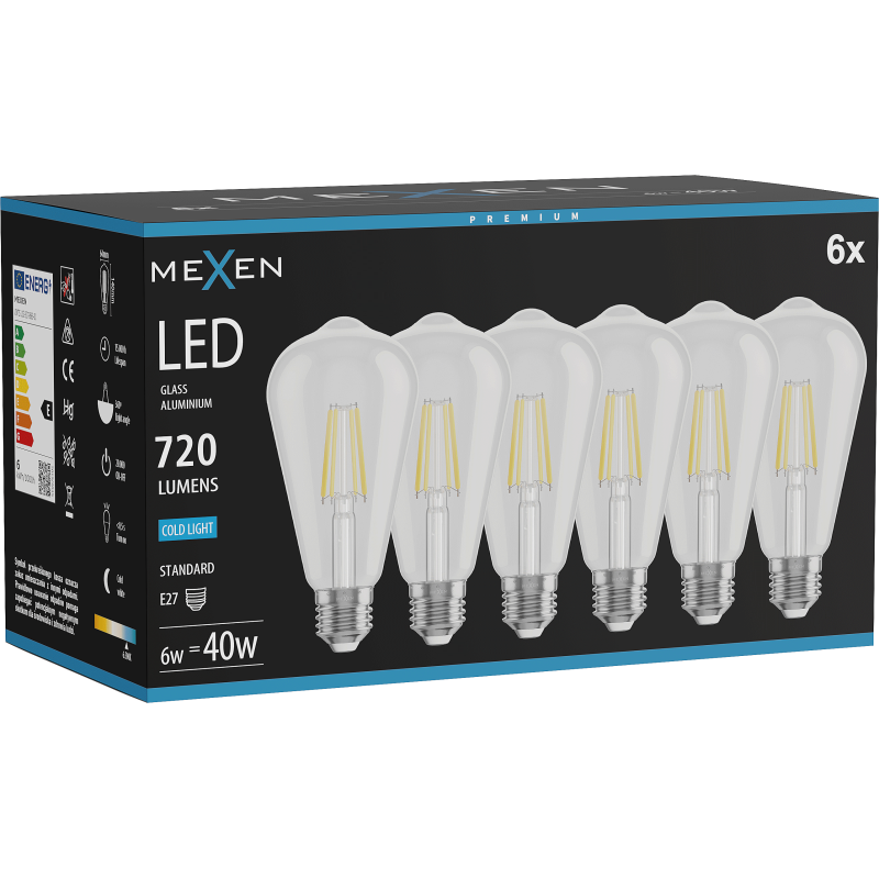 Mexen Vintis 6x LED filament žarnica E27, ST64, 6W, hladna - 6500K, 720 lm, prozorna - L152-E27-0665-00x06