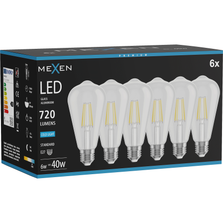 Mexen Vintis 6x LED filamentlamp E27, ST64, 6W, Koud - 6500K, 720 lm, helder - L152-E27-0665-00x06