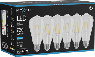 Mexen Vintis 6x LED filament žarnica E27, ST64, 6W, hladna - 6500K, 720 lm, prozorna - L152-E27-0665-00x06