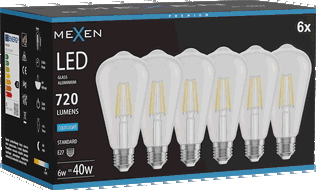 Mexen Vintis 6x żarówka filament LED E27, ST64, 6W, Zimna - 6500K, 720 lm, clear - L152-E27-0665-00x06