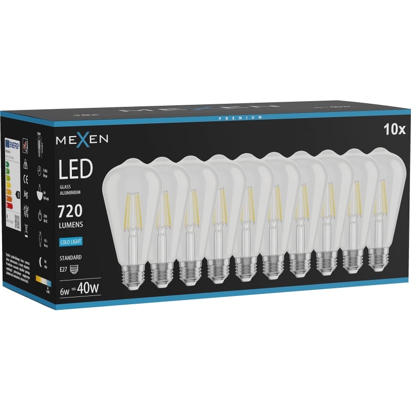 Mexen Vintis 10x LED-filamentlampa E27, ST64, 6W, Kall - 6500K, 720 lm, klar - L152-E27-0665-00x10