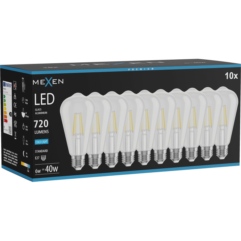 Mexen Vintis 10x LED-filamenttilamppu E27, ST64, 6W, Kylmä - 6500K, 720 lm, kirkas - L152-E27-0665-00x10
