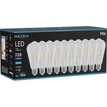 Mexen Vintis 10x LED kvēldiega spuldze E27, ST64, 6W, Auksta - 6500K, 720 lm, caurspīdīga - L152-E27-0665-00x10