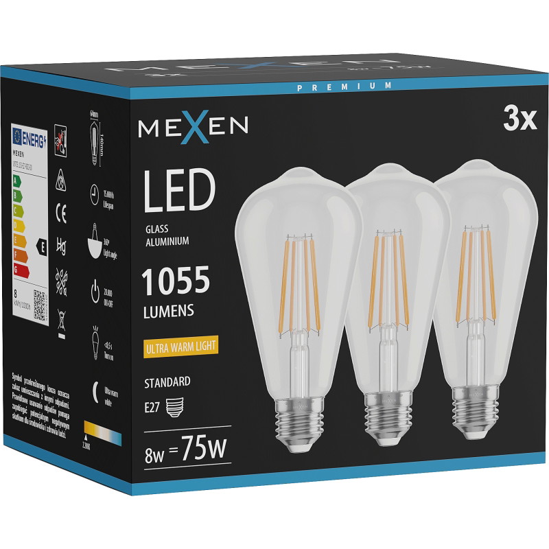 Mexen Vintis 3x Bombilla de filamento LED E27, ST64, 8W, Cálida - 2200K, 1055 lm, clara - L152-E27-0822-00x03